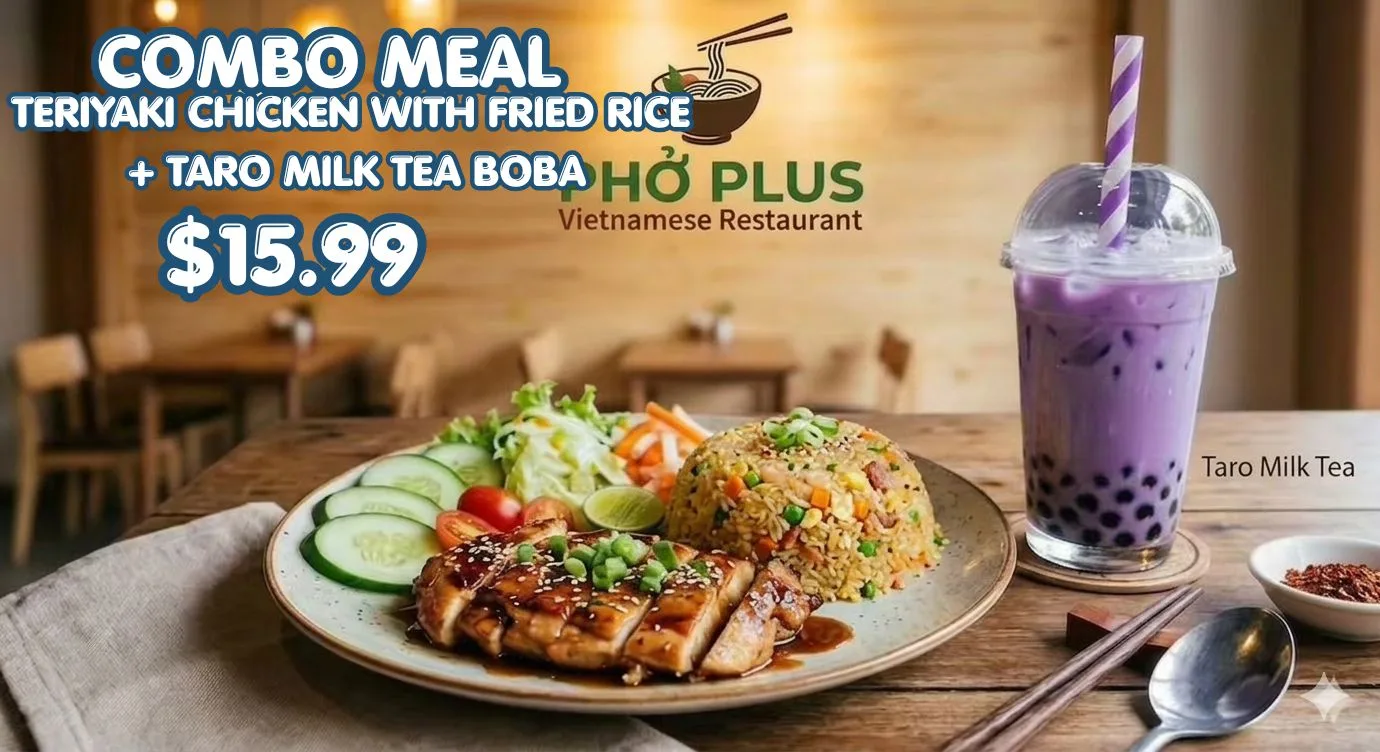 TERIYAKI CHICKEN WITH FRIED RICE + TARO MILK TEA BOBA (FB)
